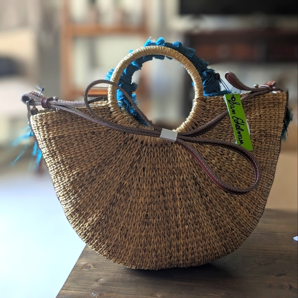 NWT! Sam Edelman Eliya Emerald Feather Straw Bag - Picture 5 of 7